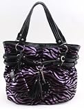 Zebra Belt and Tassel Tote Bag with Smart Phone Pouch - Purple on Black