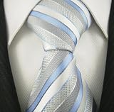 Sky Grey Blue & White Stripe 100% Silk Woven NeckTie