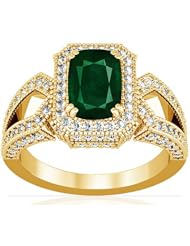 18K Yellow Gold Cushion Cut Emerald Ring With Sidestones