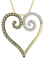 10k Yellow Gold White and Brown Diamond Heart Pendant (0.057 Cttw, I-J Color, I2-I3 Clarity), 17"