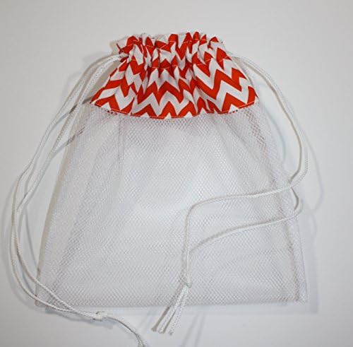 Sea Shell Bag, Orange Chevrons Fabric & Mesh Drawstring Beach Bag Handmade by FrogBlossoms