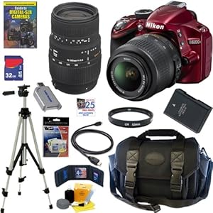 Nikon D3200 24.2 MP CMOS Digital SLR Camera (Red) with 18-55mm f/3.5-5.6G AF-S DX VR Lens and Sigma 70-300mm f/4-5.6 SLD DG Macro Lens with built in motor + EN-EL14 Battery + 10pc Bundle 32GB Deluxe Accessory Kit