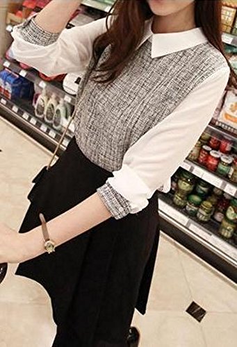 シャツ ブラウス ドレスシャツ 大きい サイズ 有 ツイード チェック 柄 切 替 シフォン 襟 付 長 袖 トップス 灰 (オリジナル・ブレスレットとサシェセット)