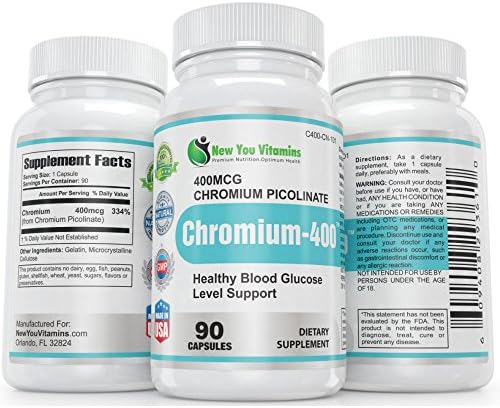 Chromium-400 Sugar Metabolism Glucose Support Chromium Picolinate 400mcg 90 Capsules 1 Bottle