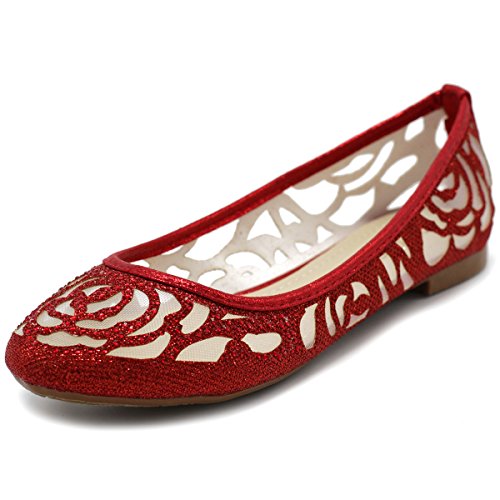 Ollio Women's Shoe Mesh Floral Glitter Ballet Flat