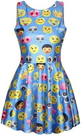 Women's Emoji Smile Print Tank Pleated Knee-length Dress Blue