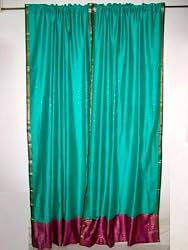 2 Persian Green Art Silk Sari Indian Curtains with Red Violet Baseline Border 96"