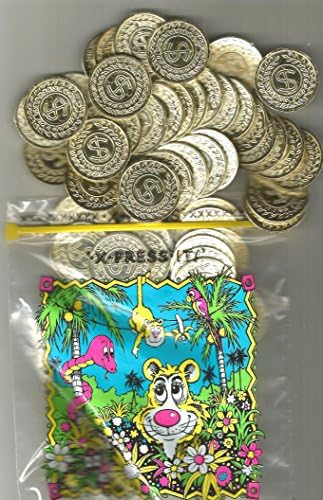 50 LARGE PLASTIC PLAY COINS IN A COLORFUL RAIN FOREST BAG FOR KIDS "LOOT