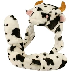 Winter Faux Fake Fuzzy Cute Cow Animal Fur Scarf Trapper Hat with Pocket Gloves