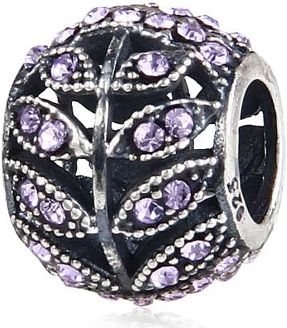 Hoobeads 925 Sterling Silver Sparkling Leaves Charms with Austrian Crystal Beads Fits Pandora Charms Bracelet (Purple)