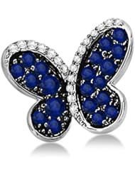 Blue Sapphire Gemstone and Diamond Butterfly Brooch Pin in 14K White Gold Rhodium Plated 0.73ctw