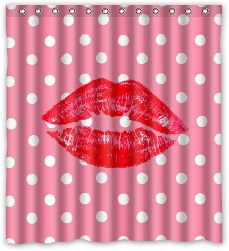 Creative Home Ideas Sexy Red Lips Kiss Art with Pink Polka Dots Pattern Fabric Shower Curtain with Hook 66" x 72"