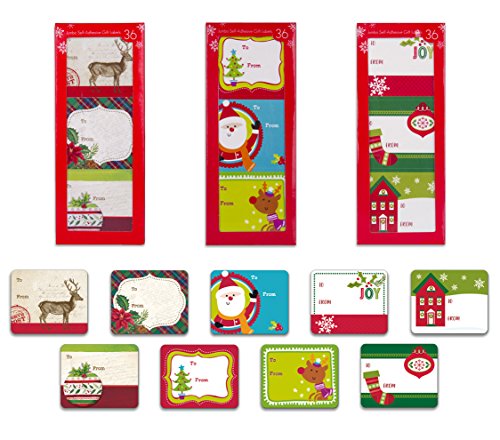Christmas Gift Tags Self Stick Adhesive Stickers Holiday Present Labels 108 Count of Assorted Designs Santa, Reindeer, Trees, Holly