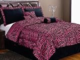 7 PC MODERN BLACK HOT PINK ZEBRA FLOCK COMFORTER SET / BED IN A BAG - FULL SIZE BEDDING