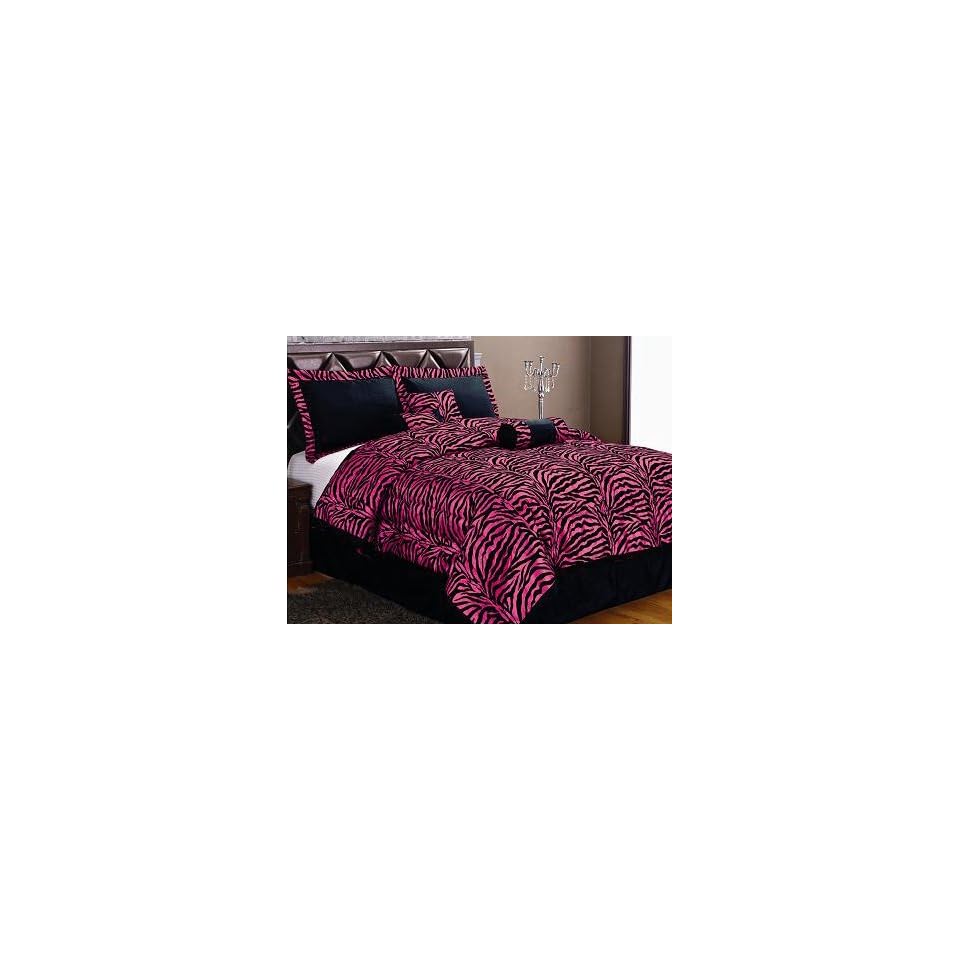 Twin 5 Piece Bedding Soft Short Fur Comforter Set Black Hot Pink