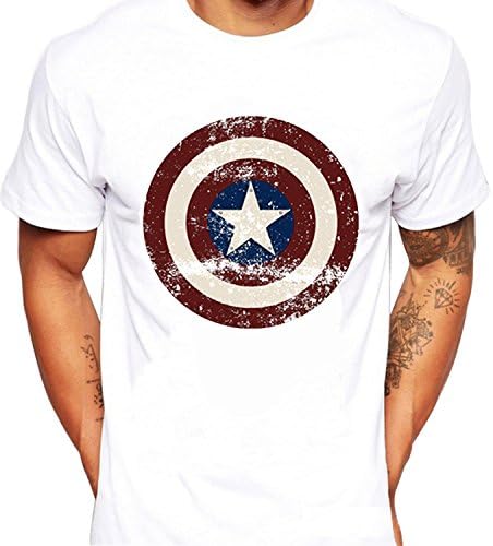 ChangShun® Mens White Captain America Cartoon Distressed Shield T-Shirt