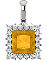 10K White Gold 8.00x8.00mm Princess Cut Citrine and Diamond Pendant -- LIFETIME WARRANTY