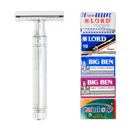 DE89L Edwin Jagger Classic Double-Edge Safety Razor (Lined, Chrome Plated) + 35 Double Edge Razor Blade Sample Pack