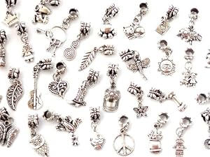 Nambeads © 10 Mixed Tibetan silver dangle Charms to fit Pandora Chamilia Troll style European charm bracelets-Slide on Slide off type-Hole is 5mm. Check our range of affordable glass beads,charms,clip stops,rhinestones etc. Great Mix!