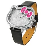 Ladies Hello Kitty metal cased rhinestone watch with syn leather strap - black