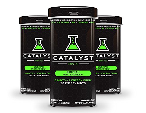 Catalyst Sugar Free Wintergreen Energy Mints with 30mg Caffeine, Taurine, Energizing Vitamin B3 / B6 / B12 Complex, Siberian Eleuthero Adaptogen. 3 Pack = 60 Powerful Mints = 20 Energy Drinks