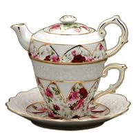 Gracie China 4-Piece Porcelain Tea for One, Stacked Teapot Cup Saucer, Red Rose