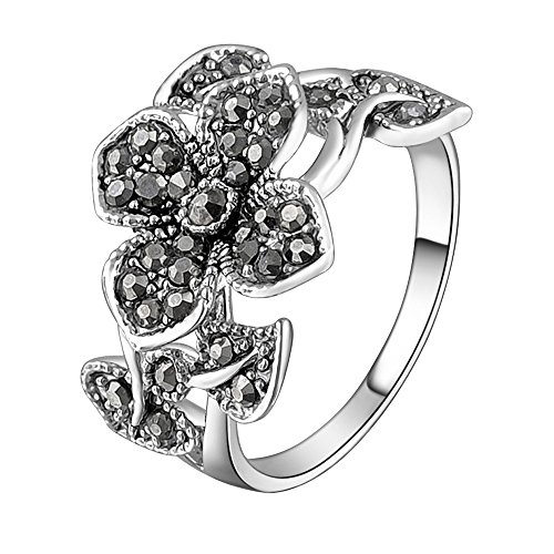 Mytys 18k White Gold Plated Grey Flower and Leaf Marcasite Crystal Rings