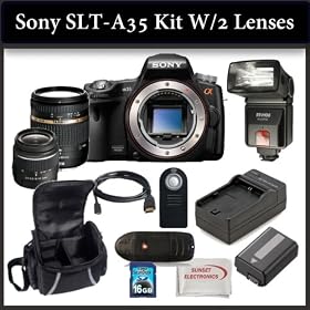 Sony SLT-A35 Digital Camera Kit Includes: Sony SLT-A35 Camera, Tamron 18-270mm F/3.5-6.3 Di II PZD Lens, Sony SAL-1855 18-55mm f/3.5-5.6 DT AF Zoom Lens, Bower SFD328 Digital Slave Flash, Extended Life Battery, Rapid Travel Charger, HDMI Cable, 16GB SDHC Memory Card, Memory Card Reader, Wireless Rem