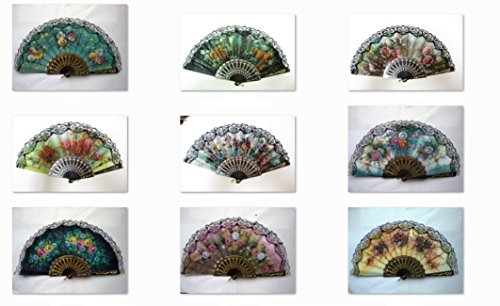 12 Pcs Flower Print Foldable Lace Trim Hand Fan Multi-pattern Decoration Fabric