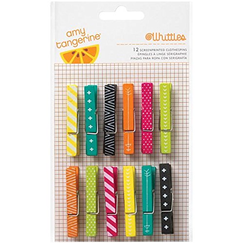 American Crafts 12-Piece Amy Tangerine Plus One Whittles Clothespins, Screen Printed
