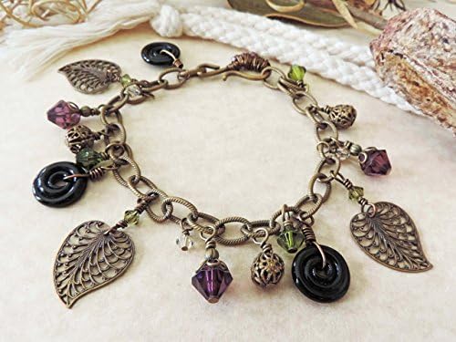 Filigree Leaf, Spiral Glass Disc, and Crystal Charm Bracelet in Black Purple and Lime Vineyard Tuscan theme