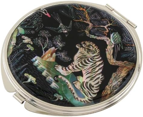 Mother of Pearl Makeup Mirror Tiger &amp; Bird Design Cosmetic Mirror Handbag Purse Handheld Compact Hand Pocket Mirror(big)