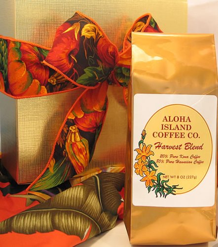 Gift Box Package of Kona Coffee Blend; Harvest Blend in Gold Gift Box; 8 oz Ground