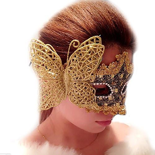 PhoebeTan Venetian Style Lace Masquerade Mardi Butterfly Mask (Gold)