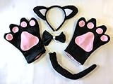 萌え萌え にゃんこ コスプレセット 黒猫コスチューム ネコ耳・ネコ手・ネコ尻尾・蝶ネクタイ 5点セット ハロウィン コスプレ