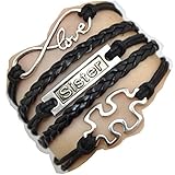 Handmade Puzzle Piece Autism Awareness JigSaw Puzzle Sister Infinity Charm Leather Bracelet for Women thumbnail