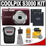 Nikon Coolpix S3000 12.0 Megapixel Digital Camera with 4x Optical Zoom (Plum) with + (2) EN-EL10 Batteries + Case + Accessory Kit