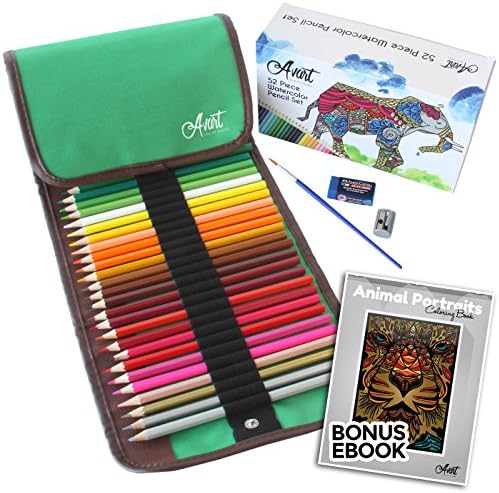Professional Watercolor Colored Pencil Set for Adults and Kids with Free Coloring E-book PDF | 52 Pieces: 48 Vivid Colors, Premium Metal Sharpener, Art Eraser &amp; Brush in a Green Canvas Roll-up Case