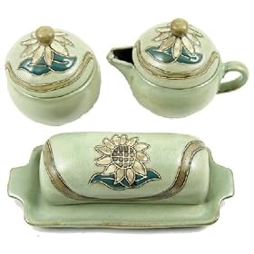 MARA Stoneware CREAMER SUGAR BOWL And BUTTER DISH Sunflower Design SET by CollectibleXchange