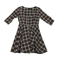 Pleated Cotton Scoop Neck Plaid Print  Dress