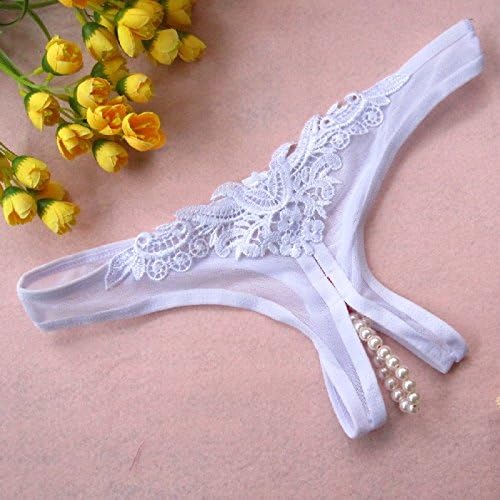 Hot Sexy Lace Gauze Pearl Embellishment Perspective Hollow Slit-bottom T-back Gstring Lingerie Underwear for Ladies - White
