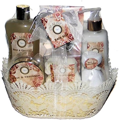 Rose &amp; Chocolate Scent Premium Bath Spa Gift Set, Shimmer Shower Gel, Body Lotion, Bath Salt, Body Scrub, Flower Soap &amp; Bath Puff in a Ivory Lace Gift Basket