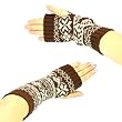 Winter Thumb Hole Knit Hand Arm Warmer Fingerless Snowflake Long Gloves Brown