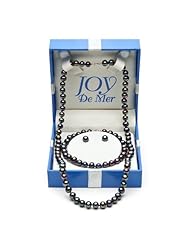 6-7mm, Black Freshwater Pearl Necklace, Bracelet, and Stud Earring Set in 14K Yellow Gold in Gift Box