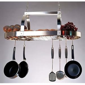 SteelWorx Contemporary Oval Hanging Pot Rack with Grid and 2 Downlights with Satin Nickel Finish