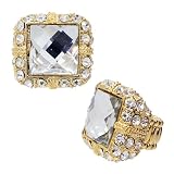 Burnish Gold Plated Vintage style Fashion Strech Ring with Square Cut Crystal in Center And Clear Crystal Accents