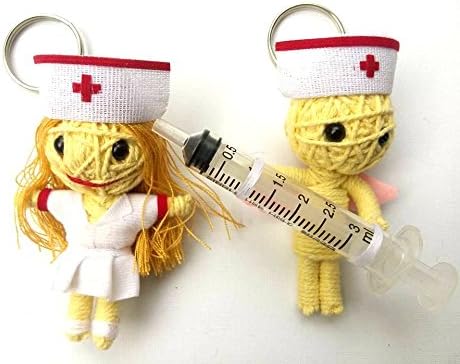 Set of 2 Nurse Big Needle Voodoo Keychain Keyring String Doll Handcraft Handmade Toy White Fabric