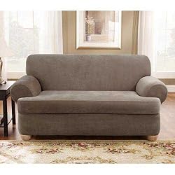 Taupe Stretch Pique 2 Piece T Cushion Sofa Cover