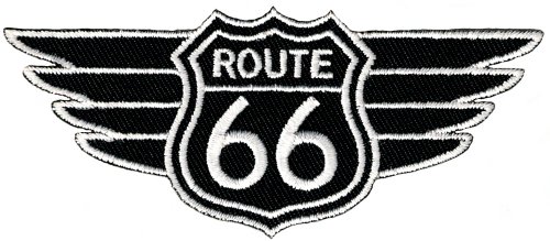 Route 66 Wings Black Embroidered Patch Iron-On Highway Road Sign Biker Emblem