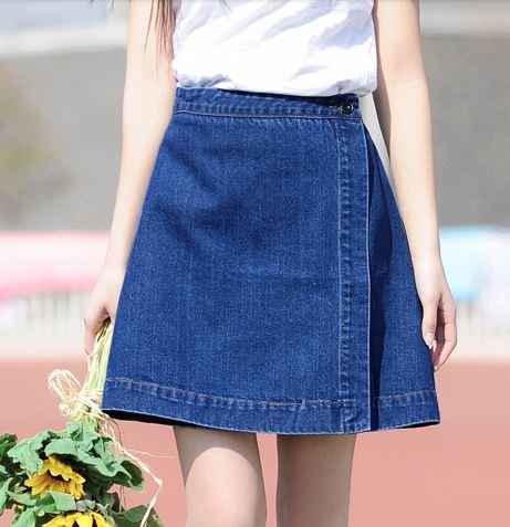 (ALLURE) 台形 デニム ラップスカート Aライン ミニ ミモレ丈 ひざ丈 ブルー AF0510